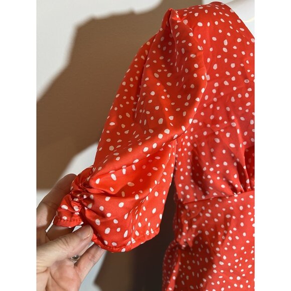 asos Women’s Top Blouse Size 6 Red V Neck Short Puff Sleeves Zipper - Picture 8 of 11